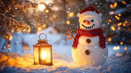 Obraz premium Snowman In A Red Hat And Scarf With A Lantern In The Snow. The Background Is A Snowy Forest With Bokeh Lights.