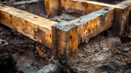 Concrete Formwork Construction Closeup Wooden Beams Foundation Building Construction Site Project