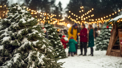 Obraz premium Snowy Christmas Tree With Blurred Festive Lights And Family In The Background.