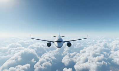 Obraz premium Airplane flying above the clouds with a clear blue sky in the background.