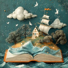 Open Book with House  Ship  and Trees on an Island