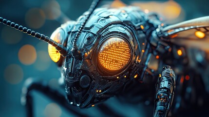 Fototapeta premium A close-up of a cybernetic insect with intricate metallic exoskeleton and glowing eyes, showcasing the beauty and complexity of its design.