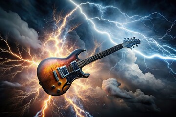 Obraz premium Double exposure of a guitar exploding with a lightning storm framing, power, technology, thunder, rock and roll, impact, beauty, sound wave, spark, composite, explosion,music, dramatic
