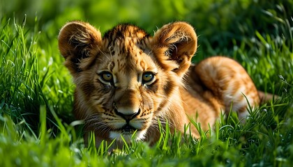 Young lion cub in vibrant green grass, with piercing eyes reflecting strength, innocence, and the untamed beauty of the wild.