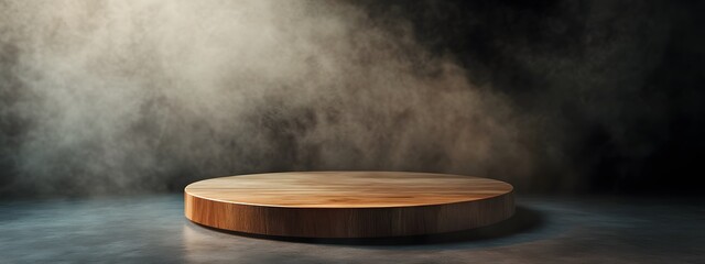 Empty wooden podium on a smoky background for product presentation, a mockup stage with a round wood platform
