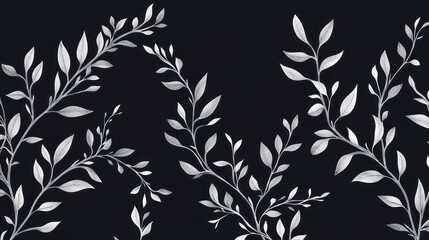 Fototapeta premium A decorative pattern featuring silver leaves on a dark background, ideal for design use.