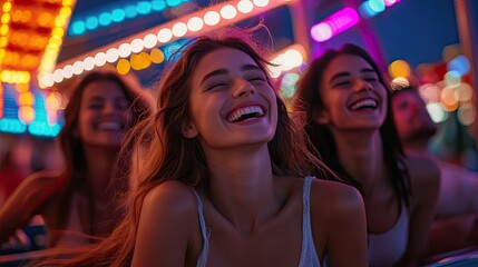 A group of friends laughing and enjoying a neon-lit carnival ride, their faces illuminated by the colorful lights and their spirits lifted by the festive atmosphere.