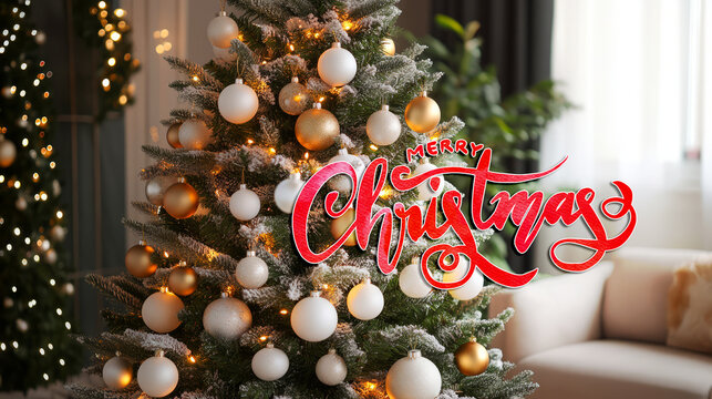 Festive christmas tree with gold and white ornaments and "merry christmas" greeting.