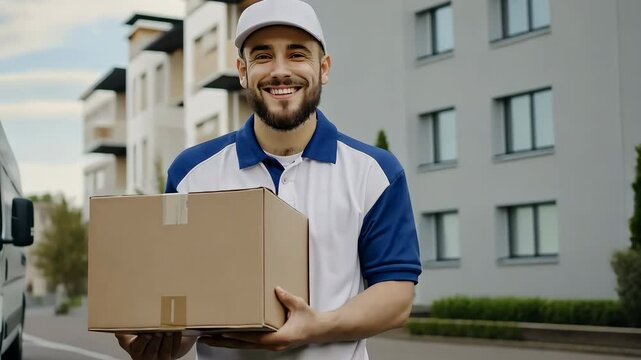 A man is holding a cardboard box and smiling. He is wearing a blue and white shirt. The scene takes place in front of a building