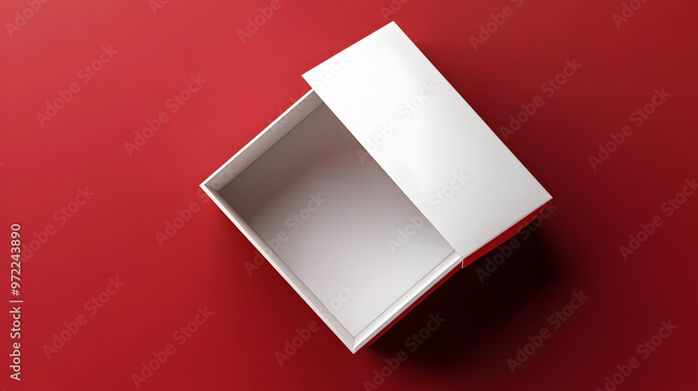Poster blank open white box or top view of white present box isolated on dark red background with shadow mi