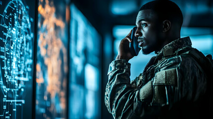 Fototapeta premium Military Soldier Communicating on Radio in Command Center