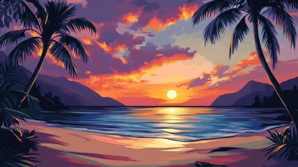 A vibrant sunset over a tranquil beach with palm trees and mountains in the background.