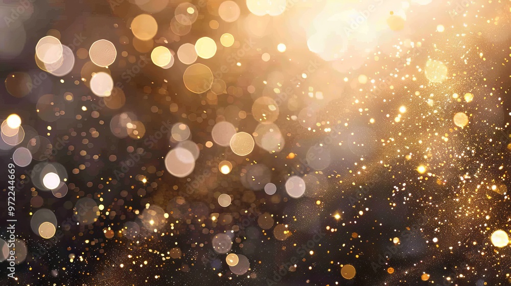 Poster golden bokeh and raining light of gold confetti illuminating a blurry black background with hazy dep