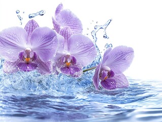 Obraz na płótnie Canvas Purple orchids splash into a pool of clear water.