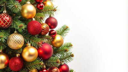 Christmas tree with red and gold ornaments on a white background