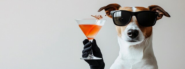 Side view of a stylish dog wearing sunglasses and gloves, holding a martini glass, with copy space on the left.
