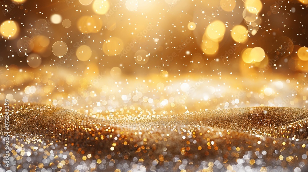 Aufkleber golden bokeh lights abstract background with soft blurred glow for elegant and festive designs, perf