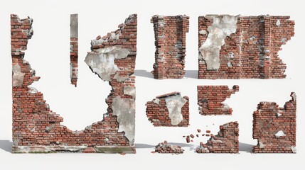 A broken brick wall with bricks scattered around