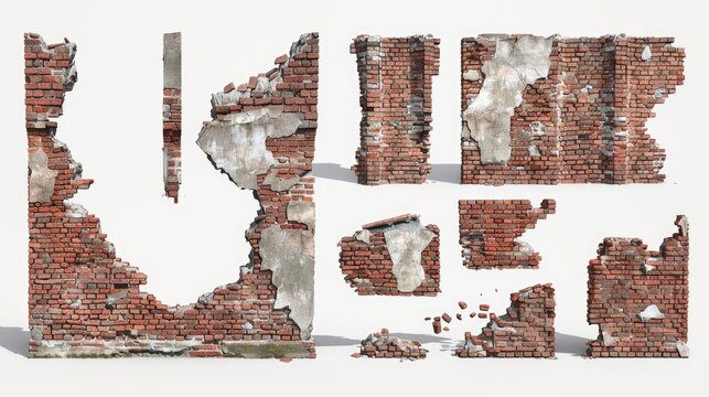 A broken brick wall with bricks scattered around