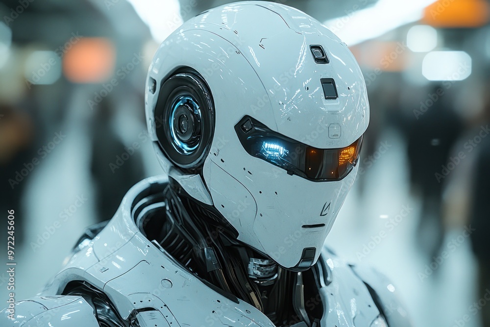 Poster futuristic robot with sleek design in a bustling environment.