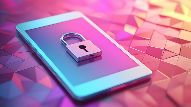 A 3D Render of a Smartphone Lying on a Geometric Background, With a Padlock on Top of it Illustrating the Importance of Device Security.