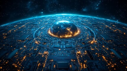 Futuristic cityscape with a glowing planet and advanced technology.