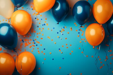 An array of joyful blue and orange balloons on a blue and orange gradient background sprinkled with confetti