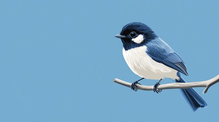 Obraz premium A blue bird with a black head perches on a branch against a pale blue sky.