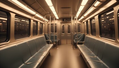 Fototapeta premium interior of a modern train or subway car with rows of seats and handrails