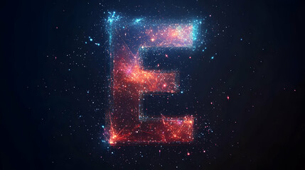 Abstract Digital Art Illustration of Letter E, Made of  Glowing Lines and Points,  Against a Dark Background with Starry Sky Effect