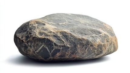 Fototapeta premium A solitary, smooth dark rock with natural, contrasting striations, photographed against a clean, white background, showcasing its organic texture and form.
