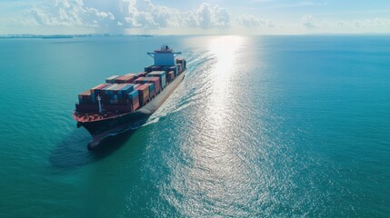 An aerial view of a cargo ship sailing through calm blue waters under a bright sky, symbolizing global trade and transportation.