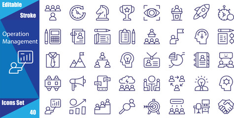 Operation management and business administration editable stroke outline icons set isolated on white background flat vector illustration