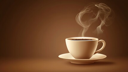 Obraz premium A steaming cup of coffee on a saucer against a brown background.