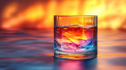 A glass of water with ice cubes reflecting the sunset.