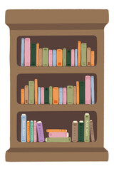 Brown bookshelf with many books lined up, simple hand-drawn illustration / 茶色い本棚、本がたくさん並んでいる、シンプルな手描きのイラスト