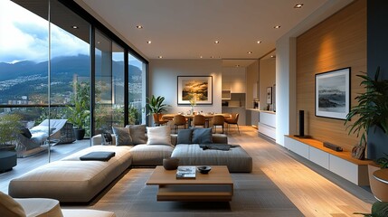 Modern Living Room with City and Mountain Views