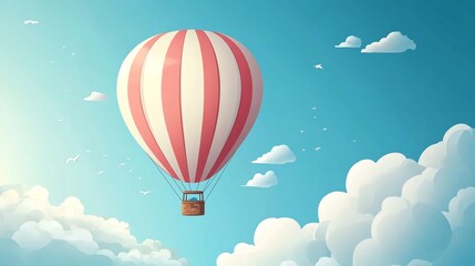 Obraz premium A red and white striped hot air balloon floats high above fluffy white clouds in a bright blue sky.