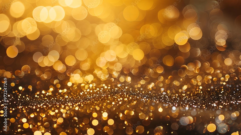 Poster golden bokeh lights abstract background with soft blurred glow for elegant and festive designs, perf