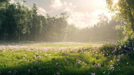 A serene meadow with blooming purple wildflowers, bordered by lush green trees, basking under a soft, warm glow of sunlight filtering through the foliage.