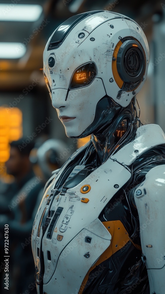 Poster a futuristic robot with glowing eyes in a tech environment.