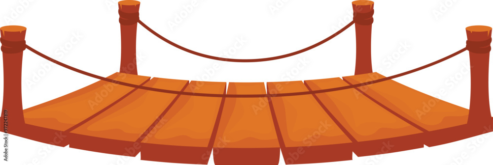 Poster curved wooden bridge with rope handrails connecting two sides on white background
