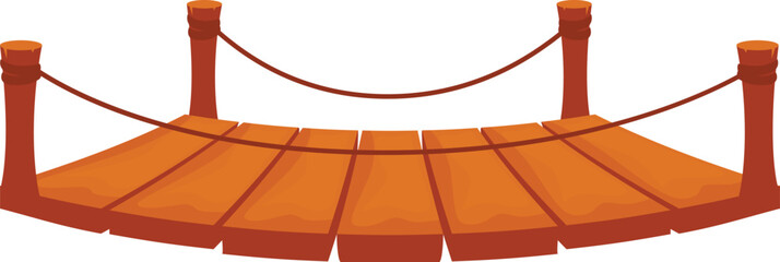 Curved wooden bridge with rope handrails connecting two sides on white background © nsit0108