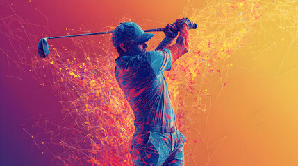 A Low Poly Illustration of a Golfer Swinging a Club with a Fiery Background