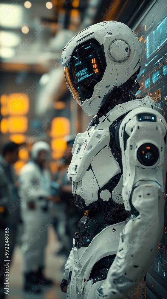 Poster a futuristic robot stands in a high-tech environment.