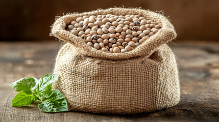 Burlap Sack Full of Soybeans on Rustic Wooden Table