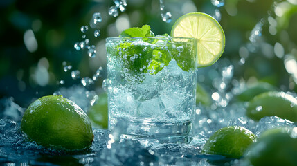 Refreshing Lime and Mint Cocktail with Water Splash