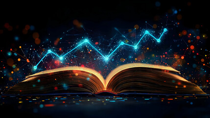 Abstract 3D Illustration of a Glowing Open Book with a Blue Upward Arrow Emerging from the Pages, Surrounded by a Network of Lines and Bokeh Lights