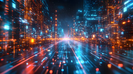 Fototapeta premium Futuristic Cityscape with Neon Lights and Data Stream