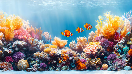 Fototapeta premium Vibrant Coral Reef with Clownfish Undersea Landscape